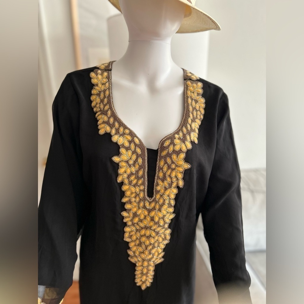 Black Embroidery Velvet Beaded  Tunic Lagenlook Dress S/M - Picture 6 of 14